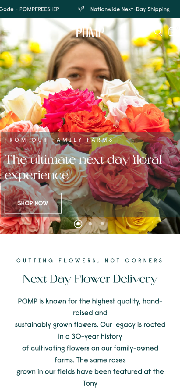 Pomp floral Shopify store mobile design